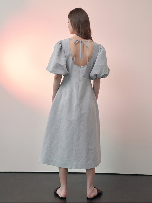  Puff-Sleeved  Linen-Blend Dress