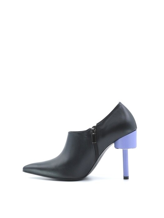 ODD HEEL 100 BOOTIES IN BLACK AND LILAC LEATHER