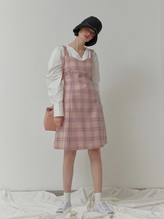 PLEATS STRAP ONEPIECE _pink check