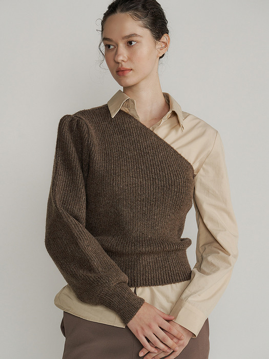 One off shoulder knit SET (Brown)