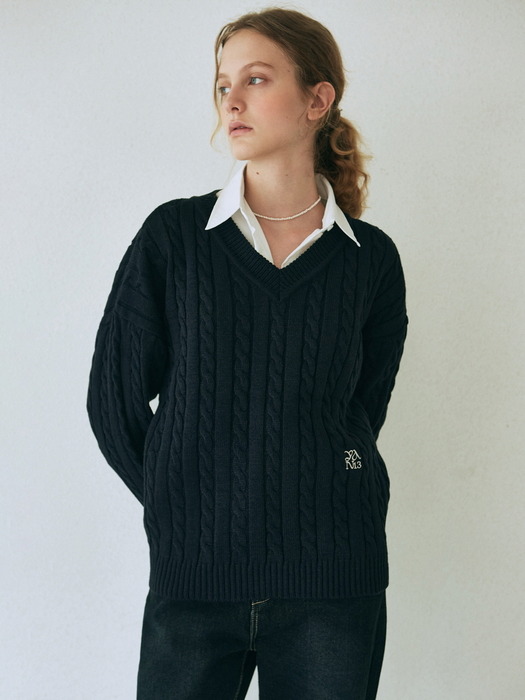 CABLE V-NECK SWEATER_NAVY
