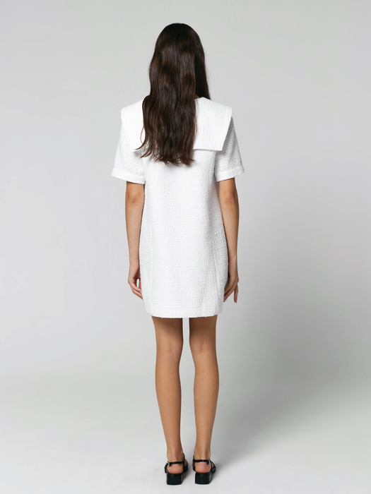 SAILOR COLLAR TWEED DRESS - WHITE