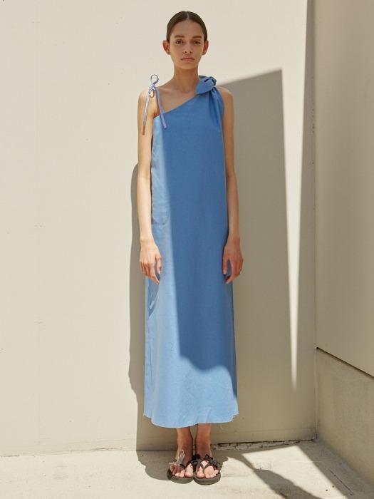 19 SS unbalanced ribbon linen long dress (blue)