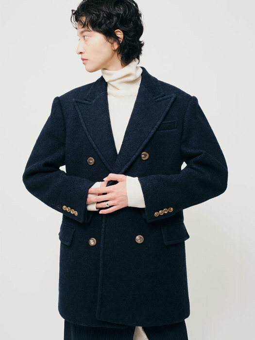 Double boyfit wool half coat navy