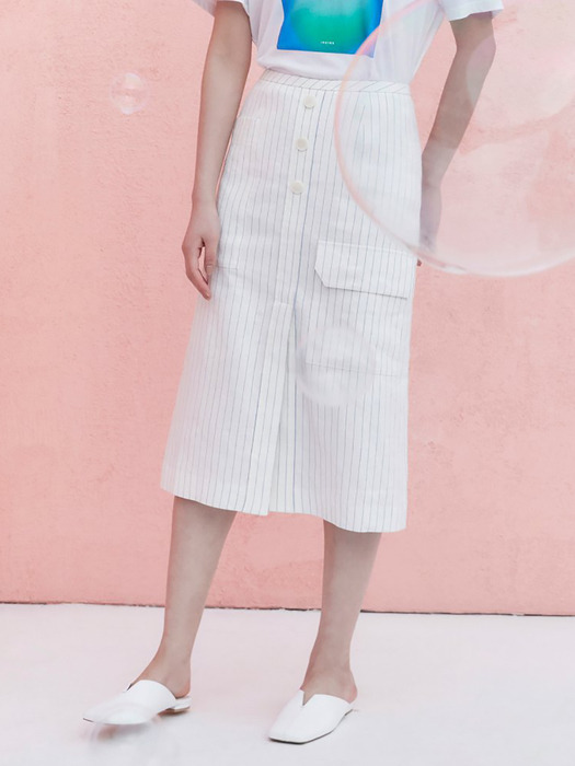 Linen Stripe Pocket Skirt - White (KE0527M020)