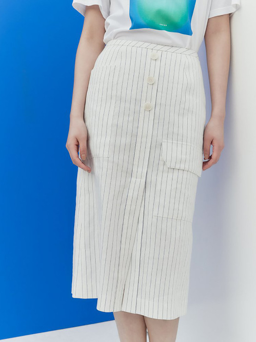 Linen Stripe Pocket Skirt - White (KE0527M020)