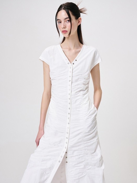 Snap Detail Shirring Dress, White
