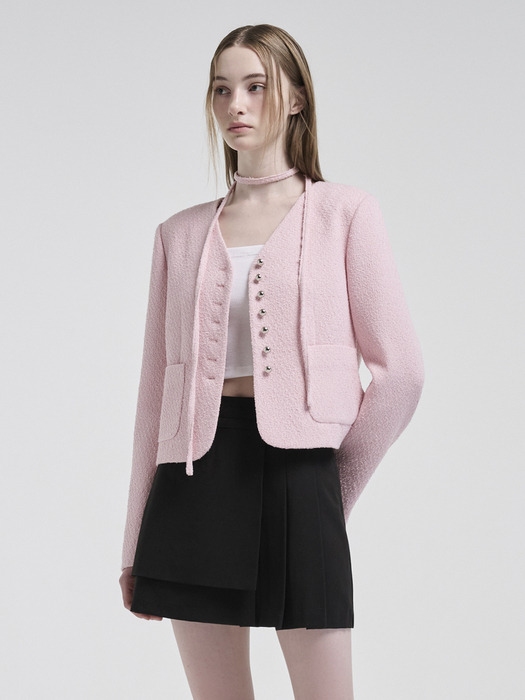 V-Neck Strap Tweed Jacket, Pink