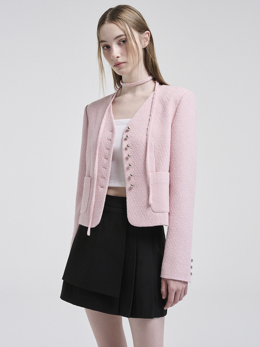 V-Neck Strap Tweed Jacket, Pink