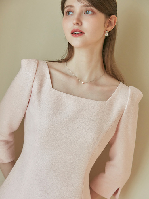 RISA Square neck tweed Dress_Pink