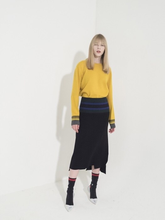 Unbalance Ribbed-Waist Knit Skirt_black