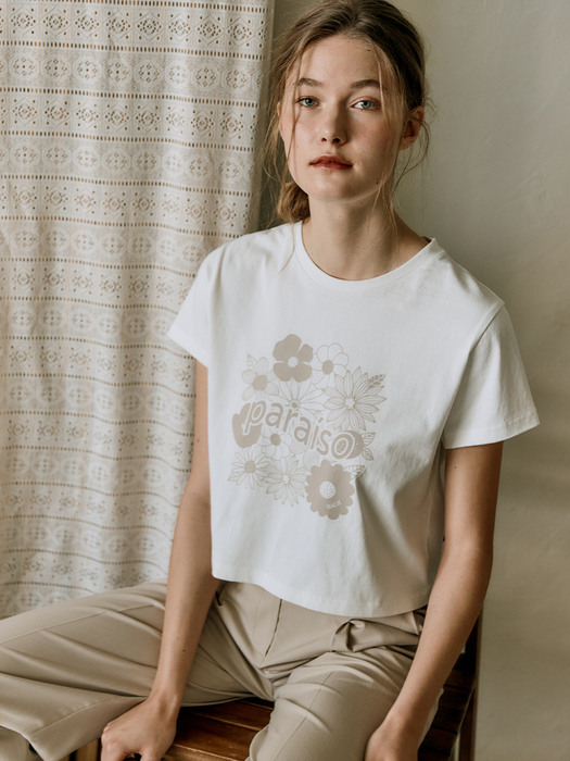FLOWER PRINT CROPPED T-SHIRT [Ivory]