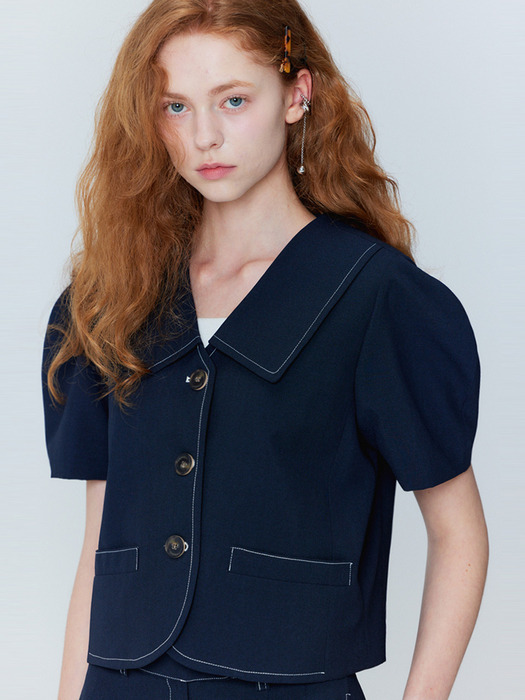 Puff sleeve cropped jacket_two-tuck wide pants set_Navy