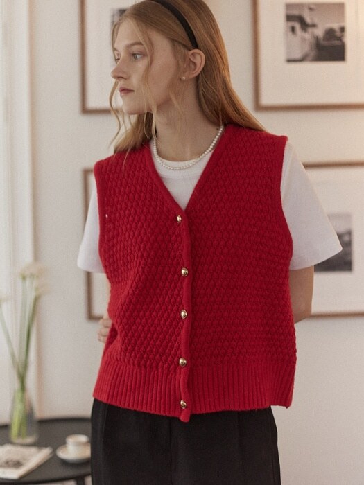 Tweed Goldish Knit Vest - Red