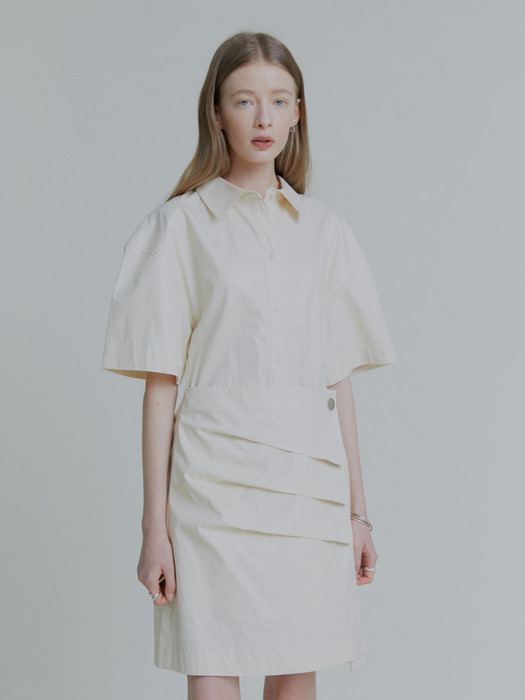 KRISTINE Coated Cotton Draped Shirt Dress_Ivory