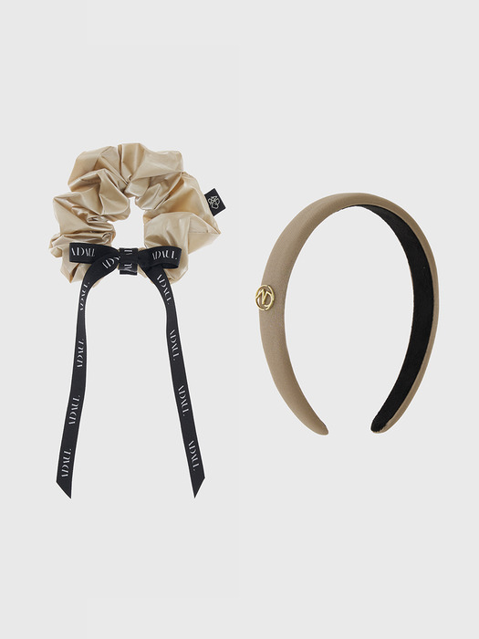 Qia ribbon scrunchy & hairband set - beige