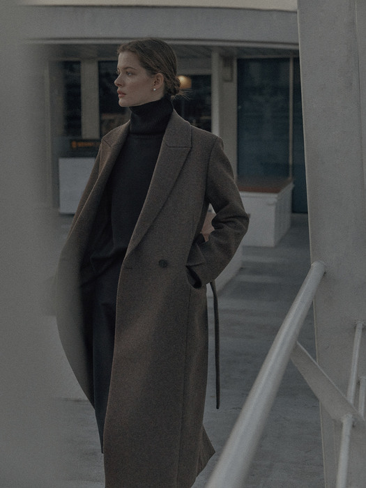 [단독] Belted wool-blend coat (Dark brown)