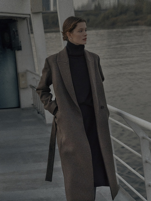 [단독] Belted wool-blend coat (Dark brown)