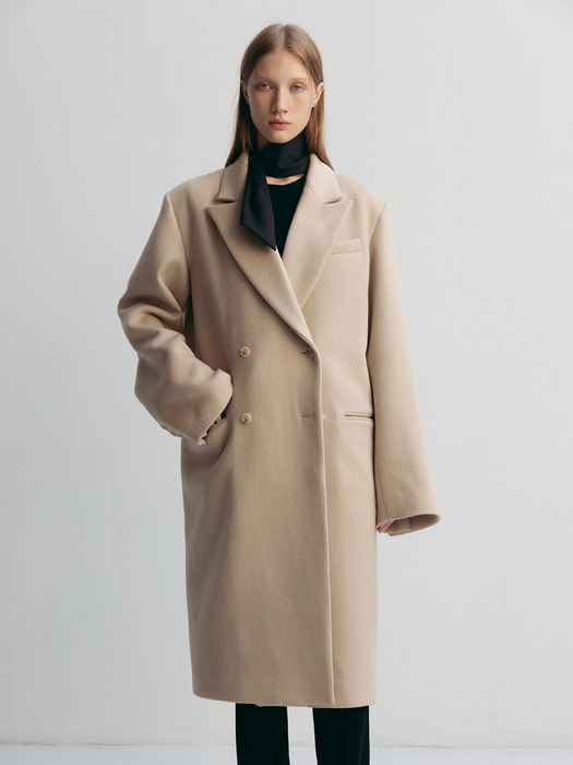PRESTON DOUBLE BREASTED WOOL COAT WITH WOOL SCARF (SAND BEIGE, BLACK)