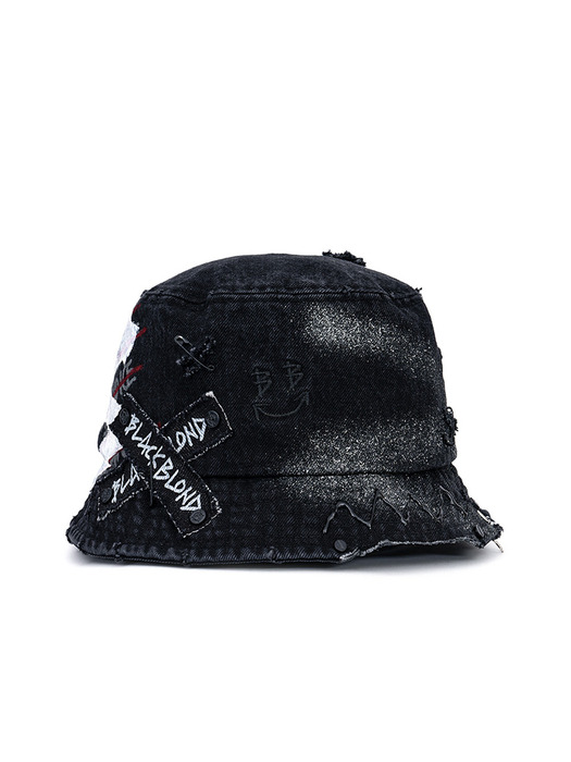 BBD Smile Logo Denim Bucket Hat Dirty Custom Ver. (Black)
