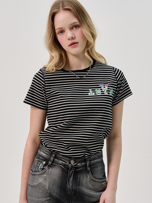 Stripe Ribbed Half-Sleeve T-Shirt_Black