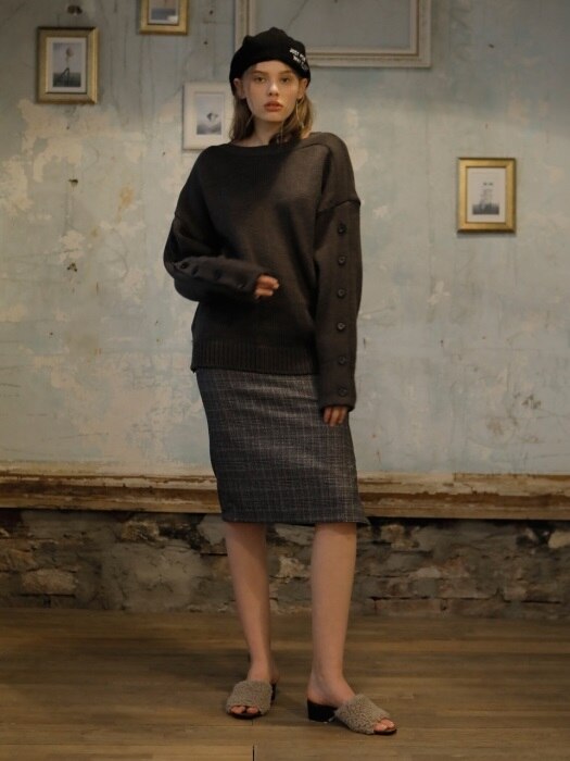 BUTTON SLEEVE PULLOVER KNIT_GRAY