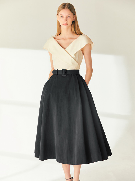 BELLE Wide v-neck A-line dress (Ivory&Black)