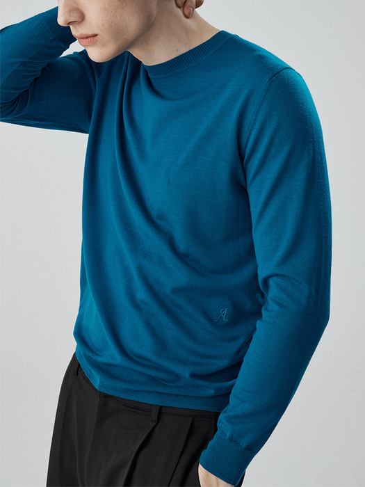 [Wool 100%]A Logo round pullover_TURQUOISE BLUE