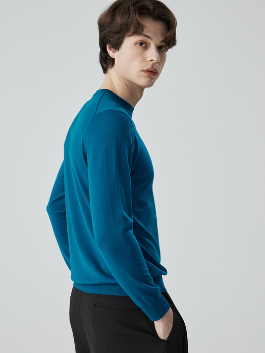 [Wool 100%]A Logo round pullover_TURQUOISE BLUE
