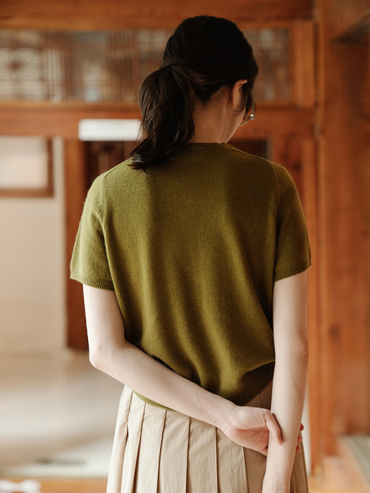 PURE CASHMERE HALF SLEEVE KNIT TOP_OLIVE