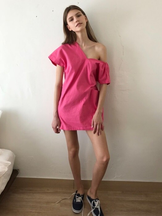 18 SS big pocket unbalanced linen mini dress (pink)