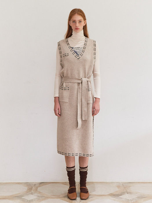 [LINE] Stitch Layered Knit Dress (Beige)