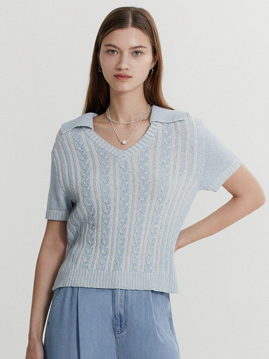 [KNIT] Cable Open Collar Knit Top _ 2color