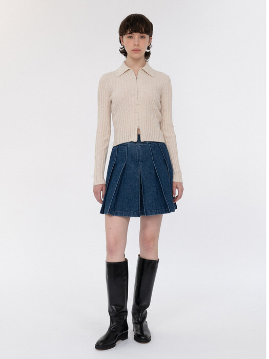 pleats denim mini skirt (mid blue)