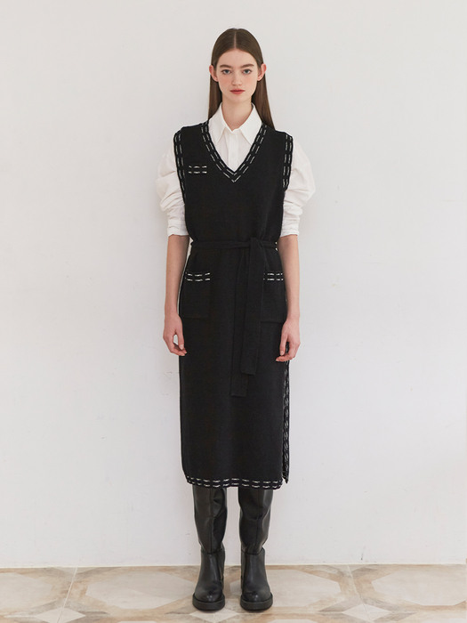 [LINE] Stitch Layered Knit Dress (Black)
