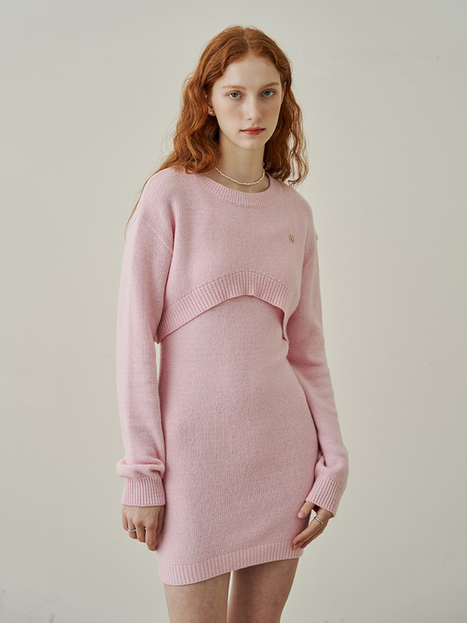 Sot basic crop bolero knit mini dress set - pink