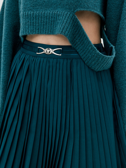Pleats Slit Long Skirt_Turquoise Blue