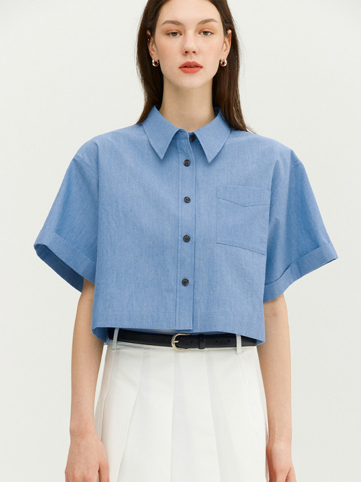 TIVOLI Roll-up sleeve crop shirt (Light blue)