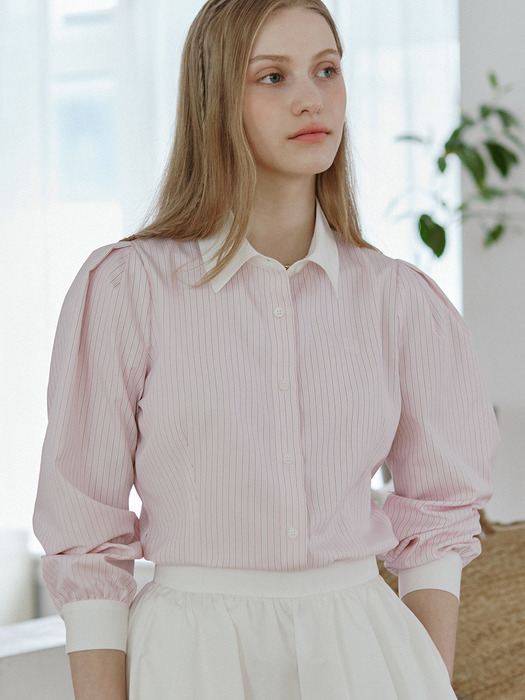 Puff Sleeve Stripe Shirts - Pink