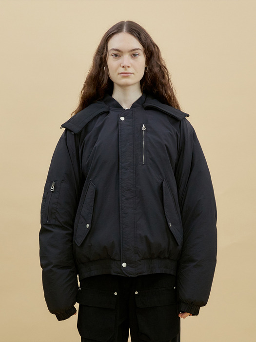 Detachable-Hood Cocoon Bomber Jacket (BLACK)