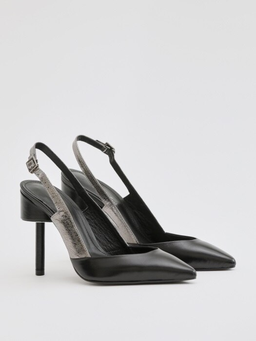 PICCASO 100 SLING BACK HEEL IN BLACK AND DARK SILVER LEATHER