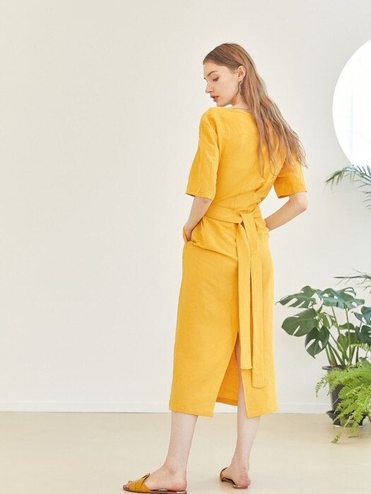 Unbalance linen dress - Yellow