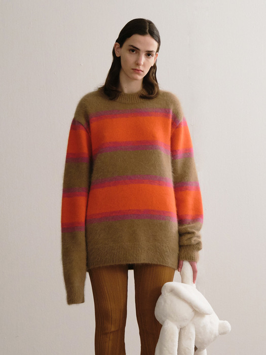 Angora Stripe Knit Sweater_Brown