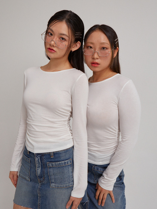 Basic Shirring Long Sleeve T_ White