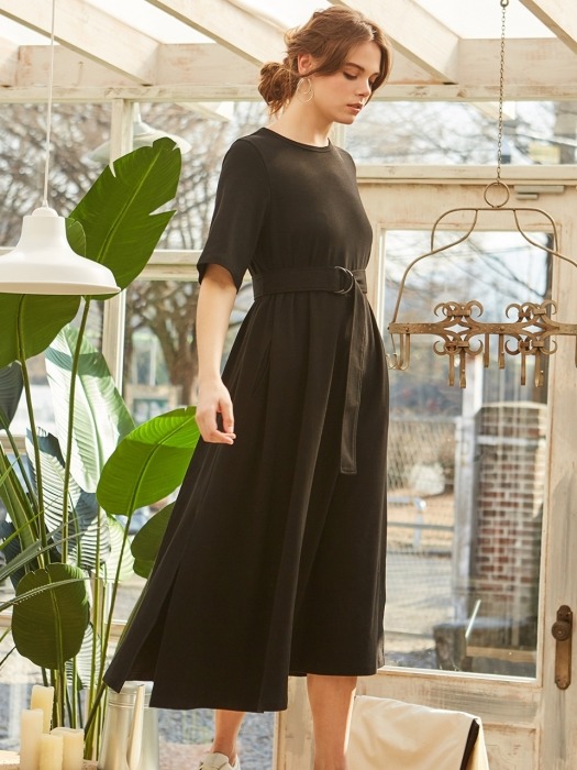 JERSEY BELTED LONG ONE-PIECE BLACK