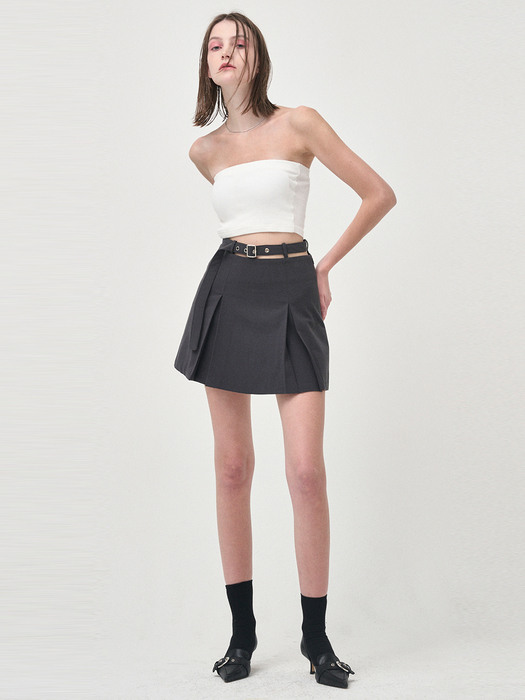 Belted Pleats Mini Skirt, Charcoal