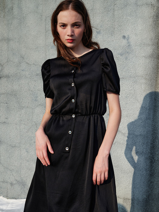 Jacqueline Puff Sleeve Satin Dress_Black