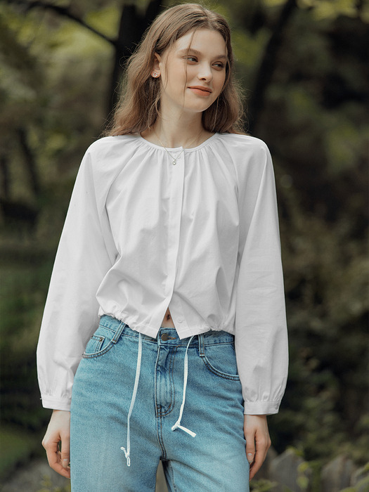 Bell Cotton Shirring Blouse [White]