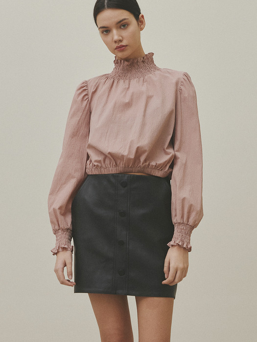 FAUX LEATHER BUTTON SKIRT [BLACK]