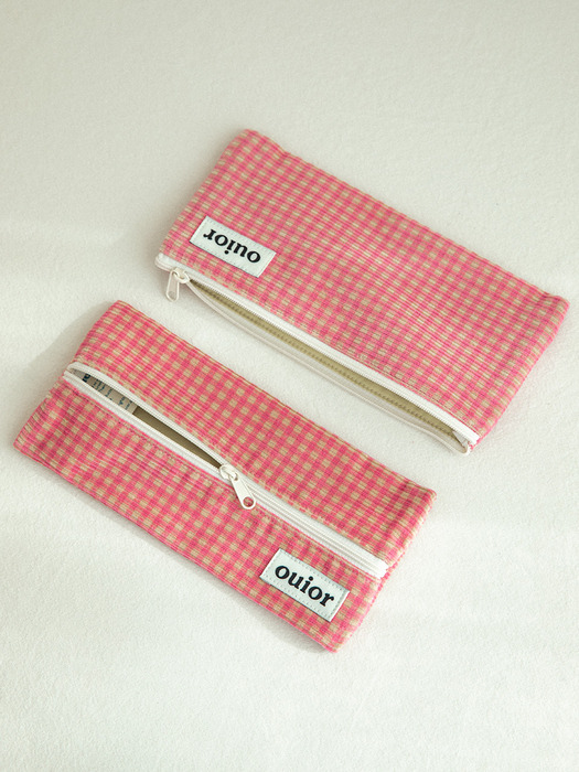 ouior flat pencil case - corduroy cherry pink check(topside zipper)